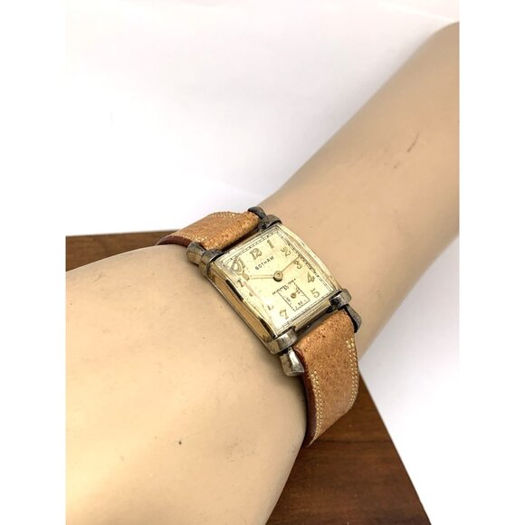 Gotham Suku Watch Swiss Mechanical Tank Vintage Gold Brown Leather Band 22mm - Picture 5 of 15